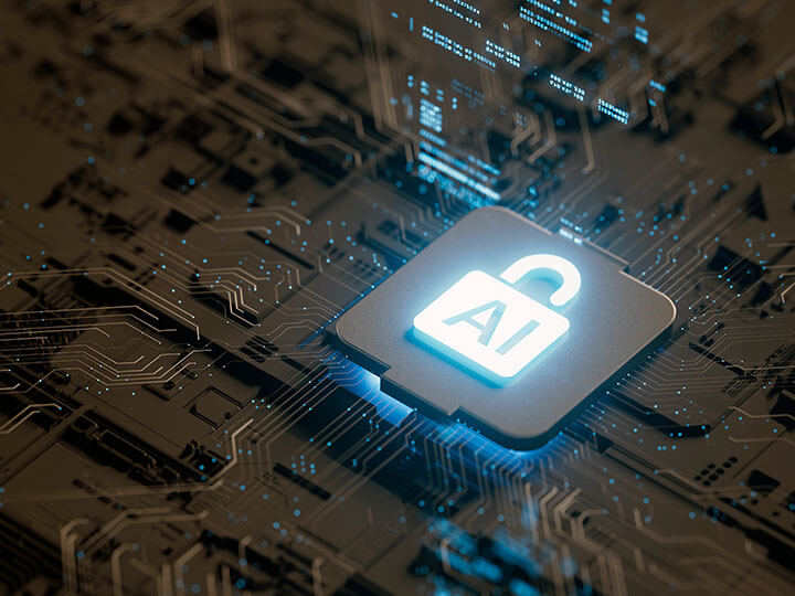 Artificial Intelligence (AI) Safety & Security concept with "AI" inside a digital lock