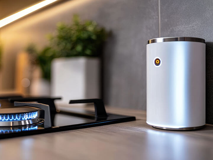 Smart gas detector siting on kitchen counter next to a lit gas burning stove