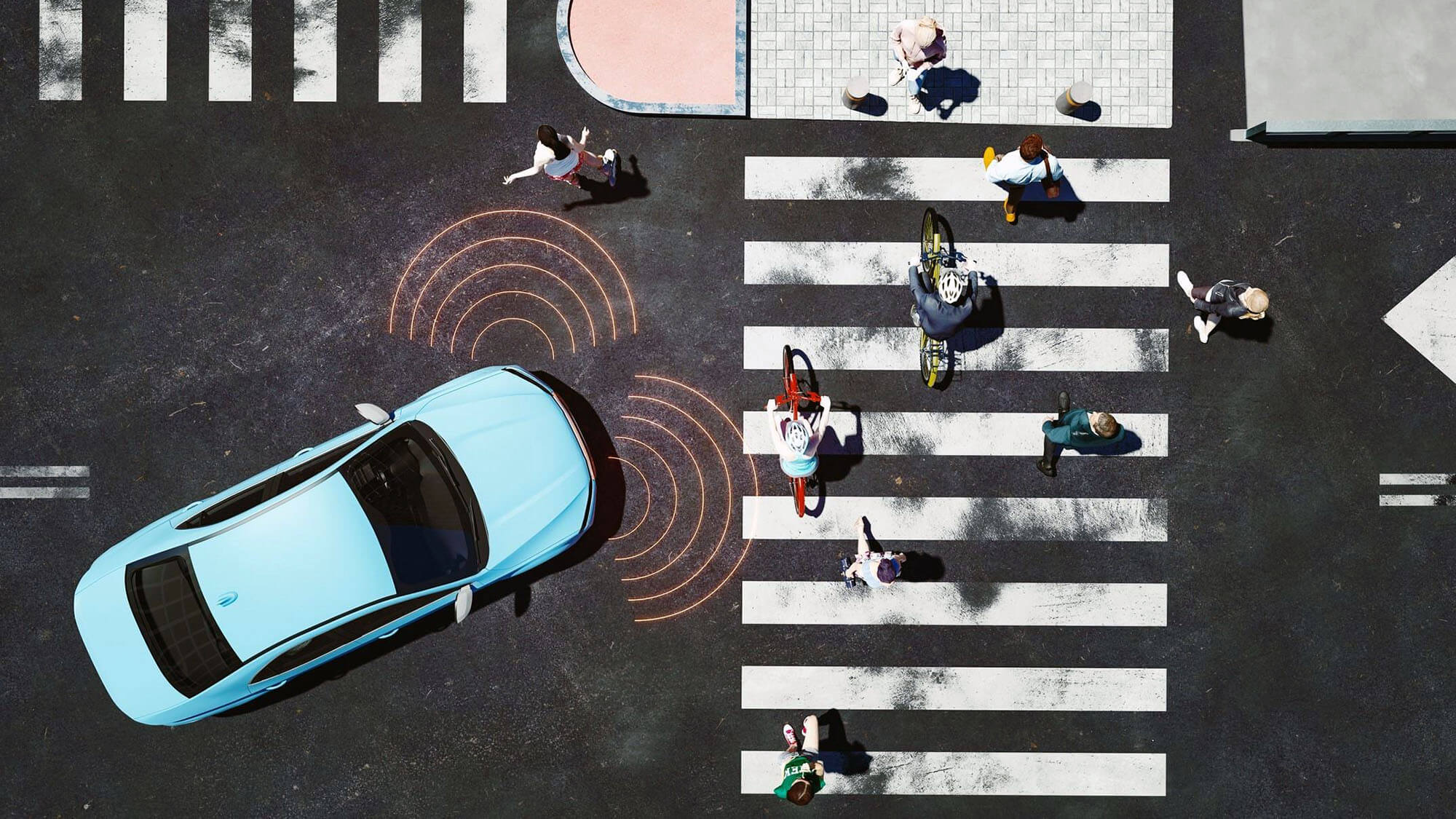 Modern vehicle with ai-assisted sensors for movement. 3D generated image. Vehicle is generic, custom modeled and not based on any real brand/model