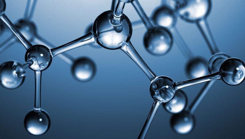 Molecular structure with connected metallic spheres and bonds on a blue background.