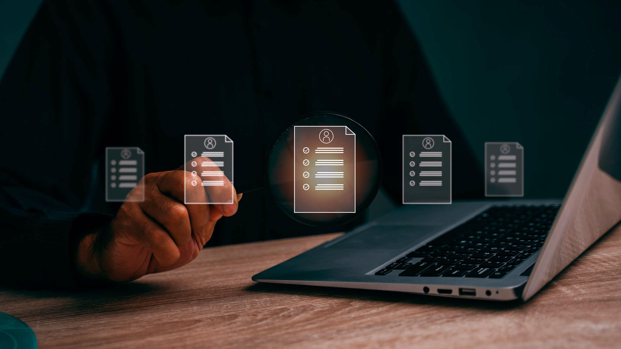 HR management concept showing resume screening and applicant evaluation through online survey form, highlighting recruitment process, candidate assessment and workforce selection strategy